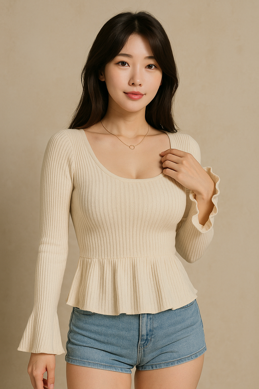 Square Neck Textured A-Line Top – Full Sleeve Elegance